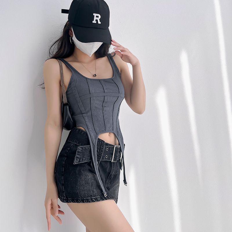 

Summer Fashion Sexy Camisole Women s Niche Design Outwear Tube Top Slim Fit Skinny Sleeveless Short Tops Dark gray M