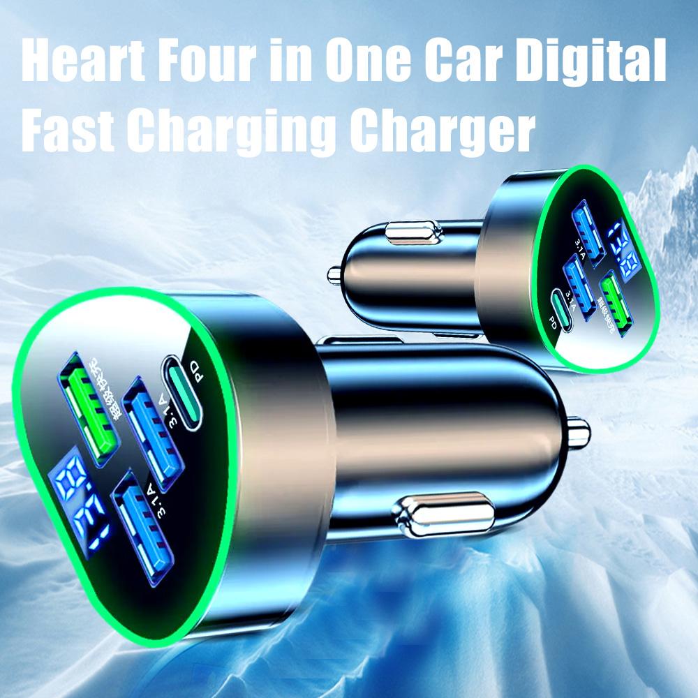 Car Phone Charger USB Type C Super Fast Charge in Car with LED Voltage Monitor for iPhone Samsung Huawei Oneplus Vivo Oppo