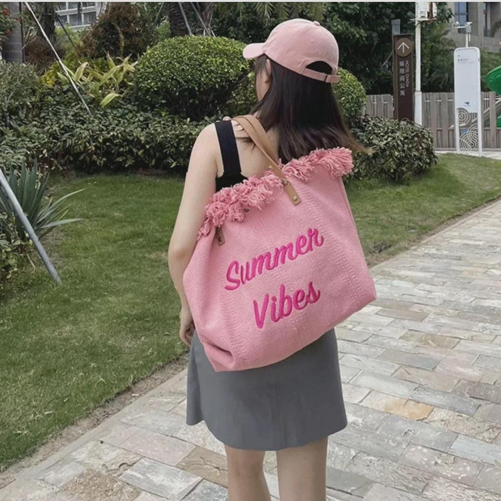 Women's Large Capacity Canvas Tote with Embroidered Letters - Braided Beach & Shoulder Handbag