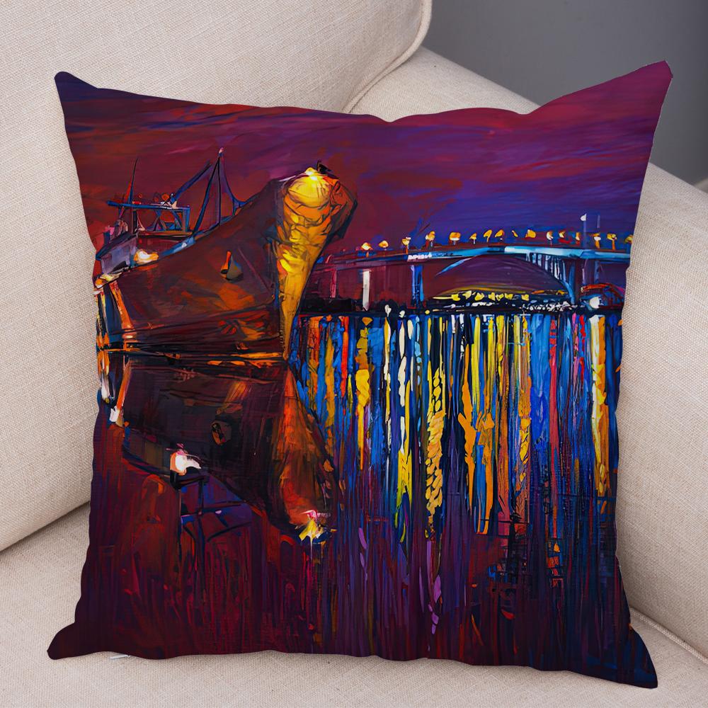 Federa Cuscino Stile Pittura ad Olio Paesaggio Colorato Barca Cavallo Stampa Floreale Lino Morbido Soggiorno Camera da Letto Casa Federa