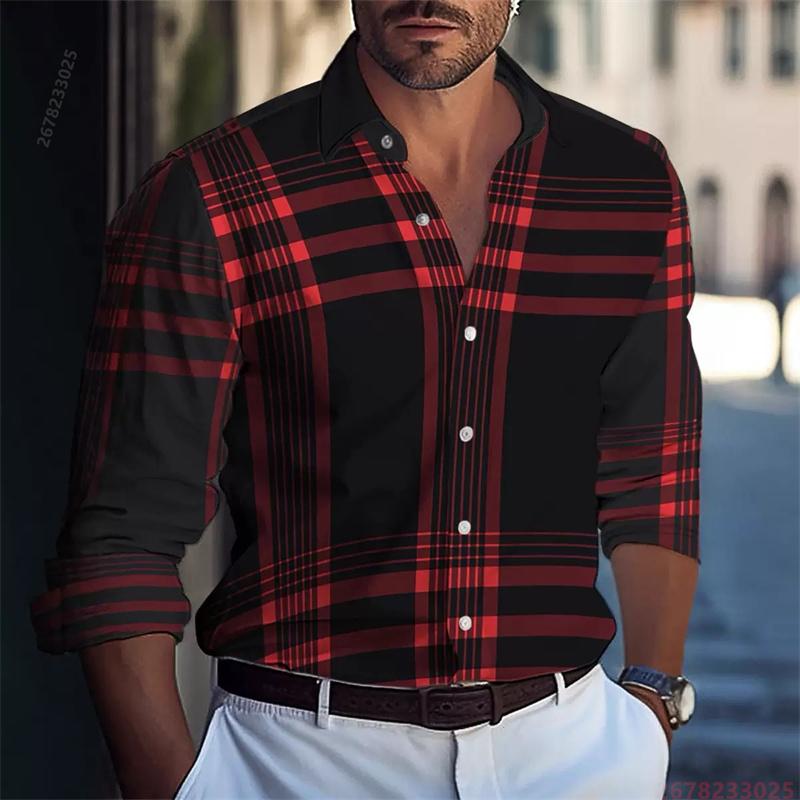 2026 New Style Red, Black, and White Striped Long-Sleeve Shirt for Men, Stylish Slim Fit Lapel Cardigan Casual Top