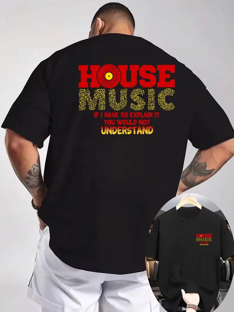 Men's House Music Graphic T-Shirt Front Back Print Short Sleeve Trendy Tee Top