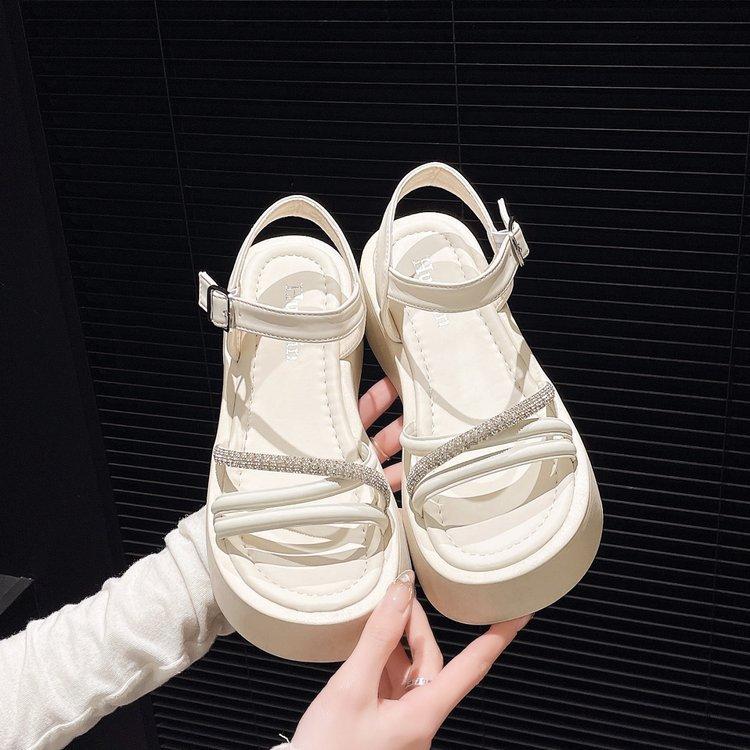 

Platform-soled muffin fairy rhinestone cross-elastic strap sandals 2025 summer wear versatile high-heeled women s shoes 40 бежевий