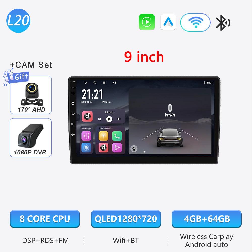 Autoradio Android 16 universel 9/10 pouces, CarPlay, Android Auto, GPS, lecteur multimédia, WiFi, écran QLED, BT 2 DIN