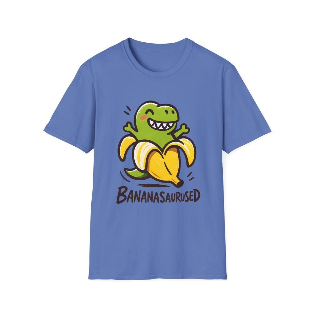 

Unisex Softstyle T-Shirt Cartoon Dinosaur in Peeled Banana Funny Surreal Animal M