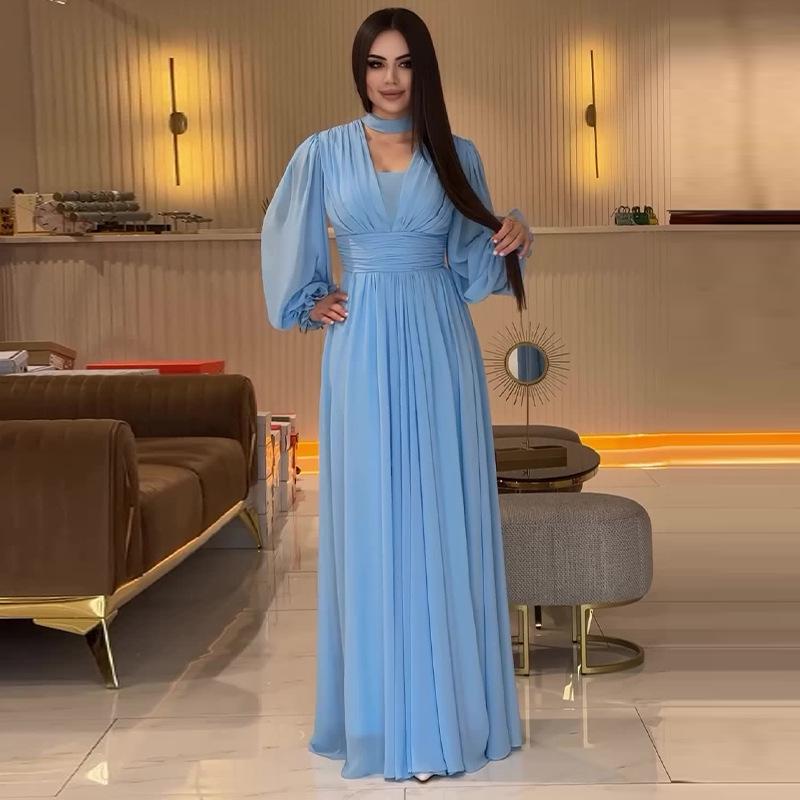 2024 Autumn Elegant V-Neck High Waist Lantern Sleeve Women's Long Dress In Solid Color.