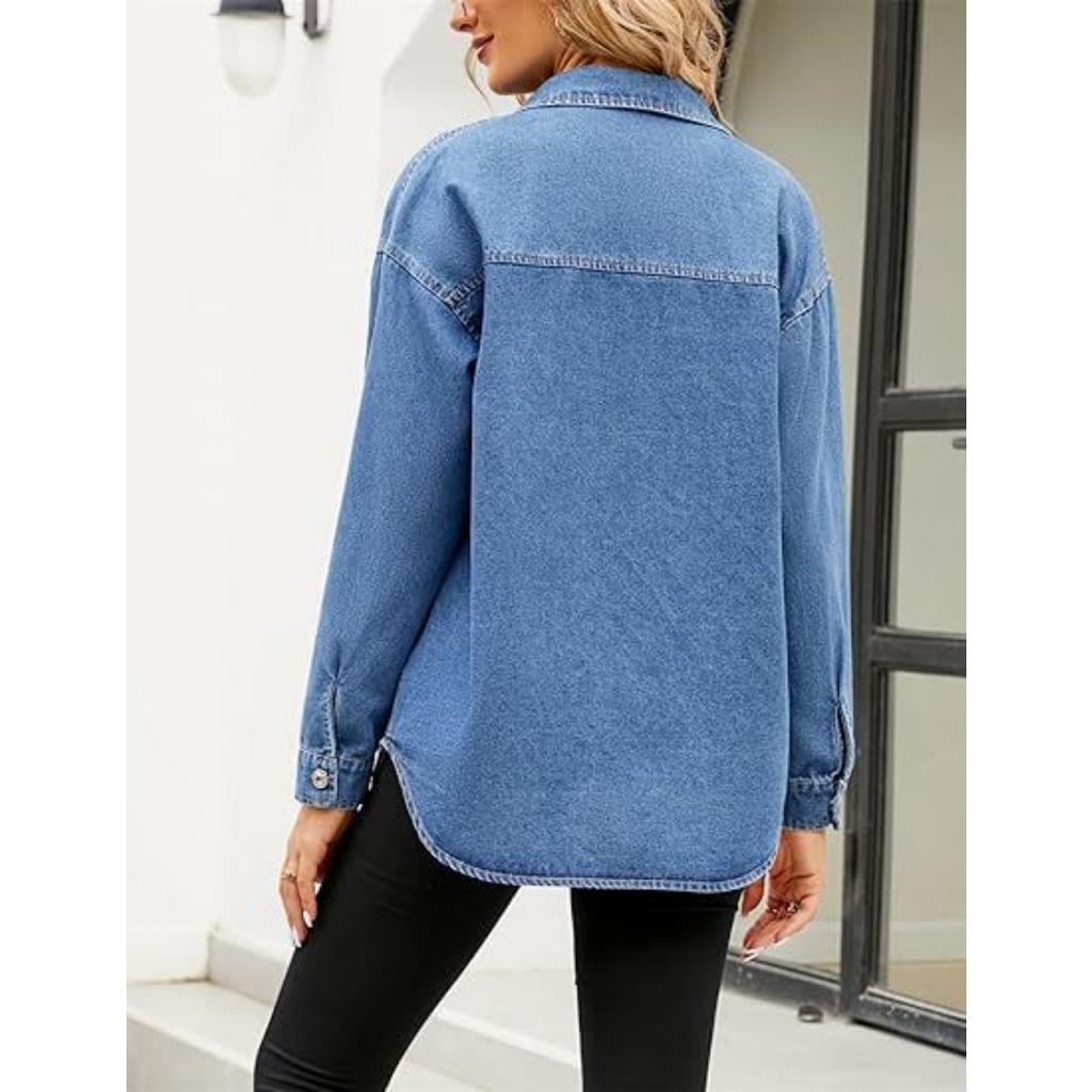 Women's Loose Long Sleeve Denim Jacket Shirt Casual Button-down with Pockets Versatile Denim Top for Women European American Size
