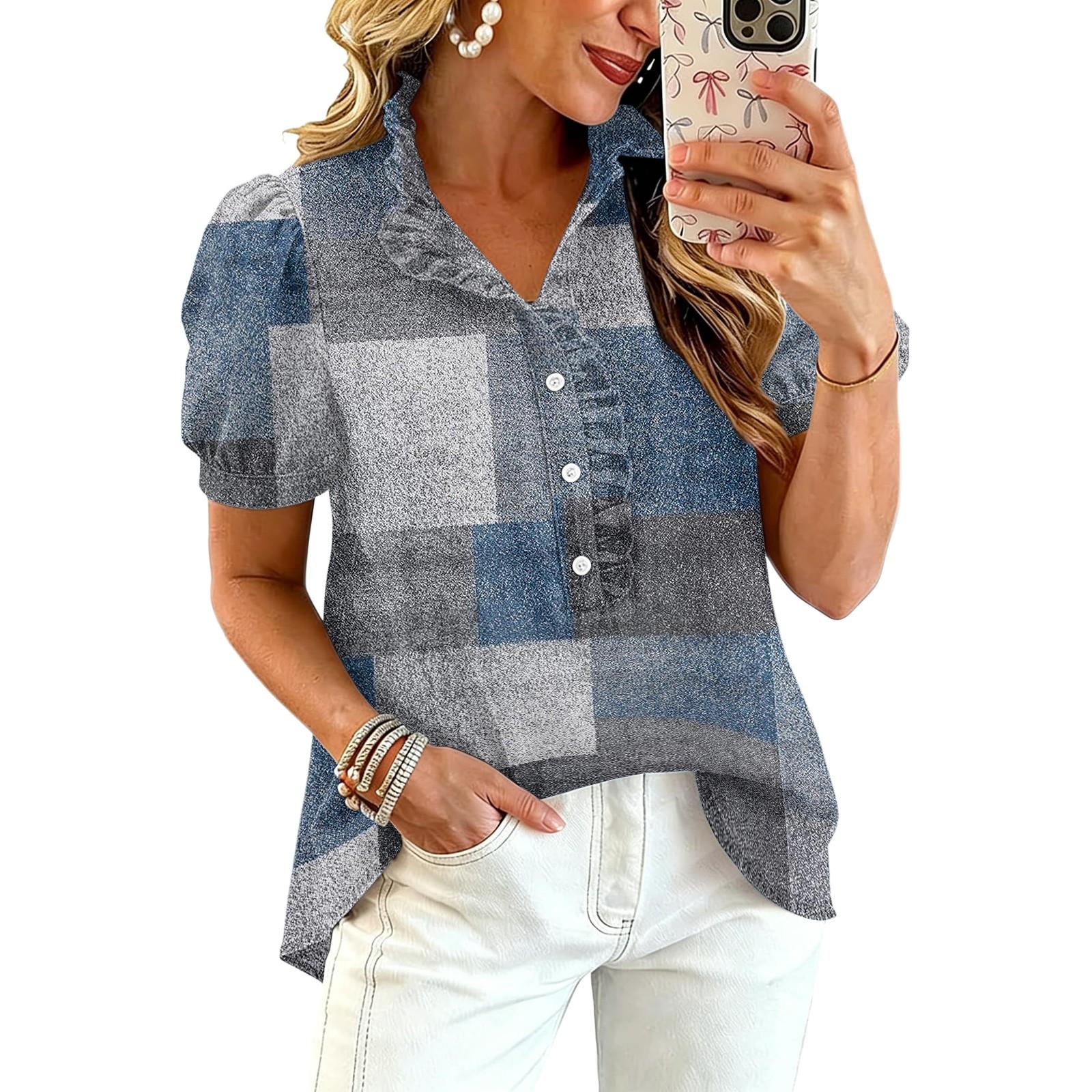 Women Ruffle V Neck Floral Print Blouse Short Puff Sleeve Casual Loose Fit Button Down Shirt Top for Daily Wear S