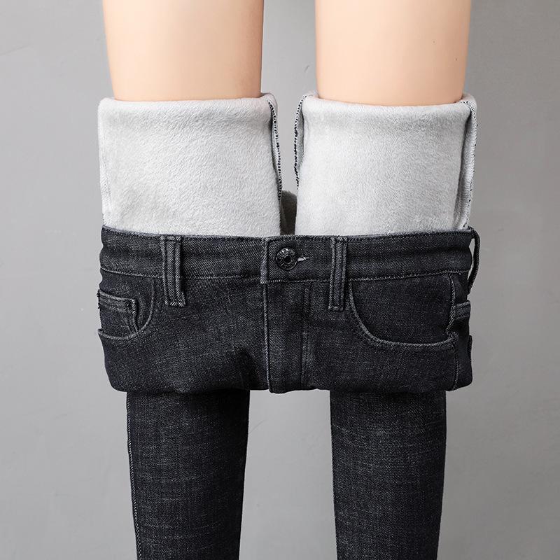 Women Thermal Jeans Winter Snow Warm Plush Stretch Jeans Lady Skinny Thicken Fleece Denim Long Pants Retro Pencil Trousers