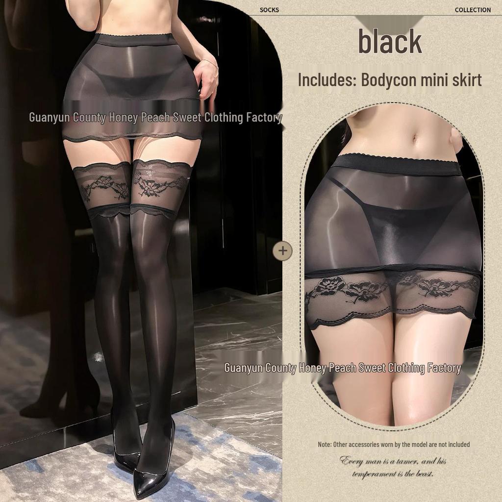 Seductive Sheer Hip-Hugging Miniskirt with Lace Trim and Over-the-Knee Black Stockings