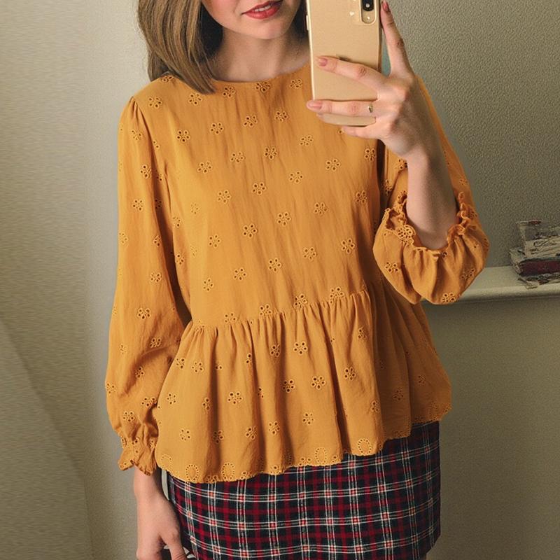 

ZANZEA Женские винтажные блузки с круглым вырезом и длинным рукавом с кружевным принтом 3XL жёлтый