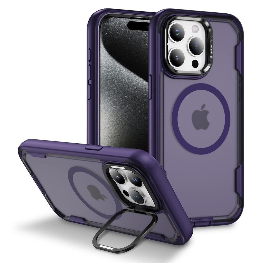 For iPhone 15 Pro Case Compatible with MagSafe Lens Frame Kickstand TPU+PC Shockproof Phone Cover