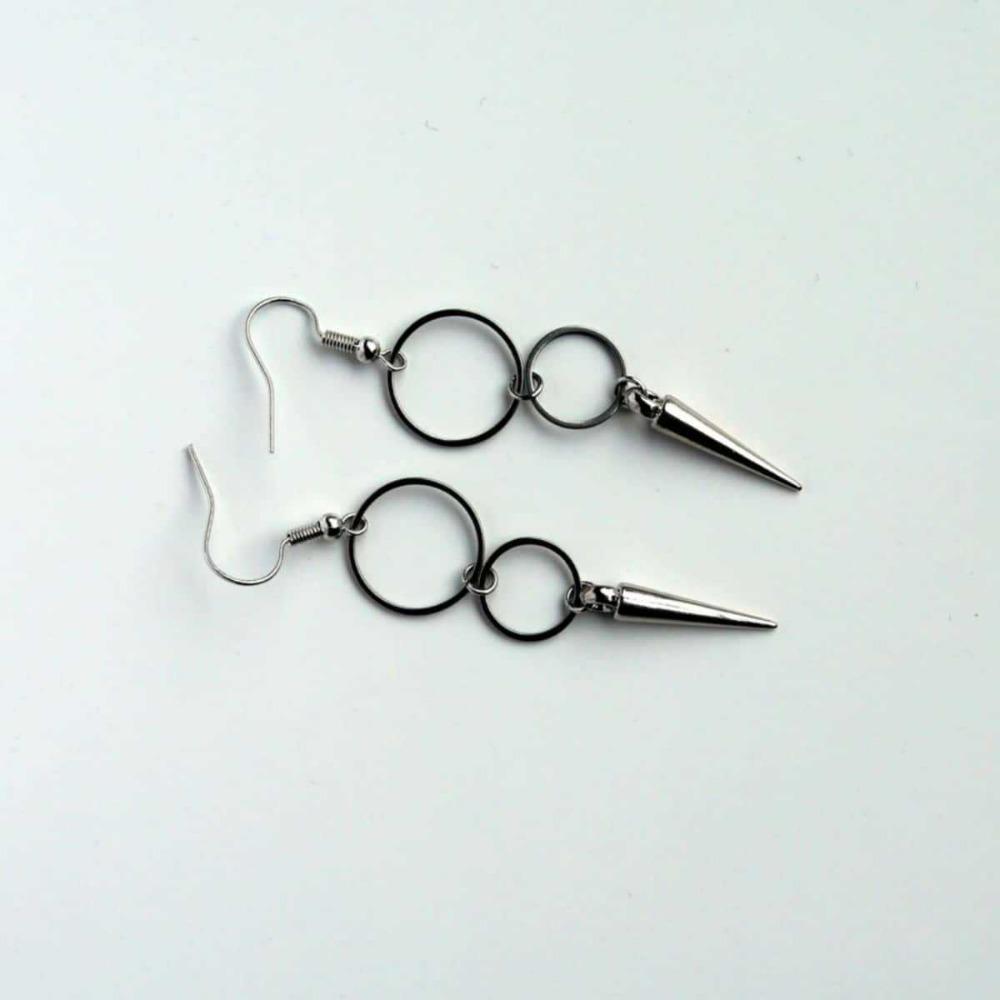 Gothic-punk Silver Color Double Ring-shaped Pointed Rivet Long Dangle Earrings for Men Women Unisex Hip-hop Rock Jewelry Gifts