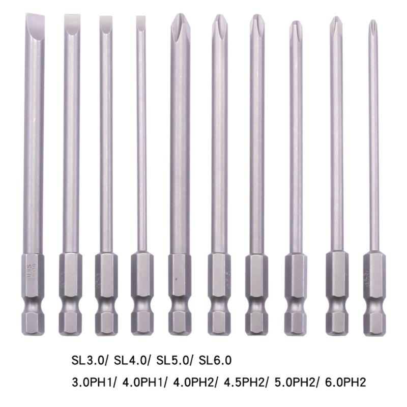 Pack Of 10 Precise Screwdriver Bit Set 100mm Length SL3.0/SL4.0/SL5.0/SL6.0 PH1/PH2 Suitable for Slotted & Crosshead Use