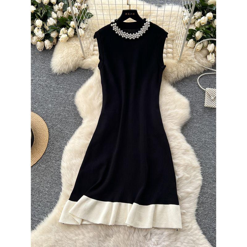 Summer Clothing Graceful Ladies Beads round Neck Sleeveless Slimming Knitted dress Women Fashionable Color Matching French style Sweater Dress