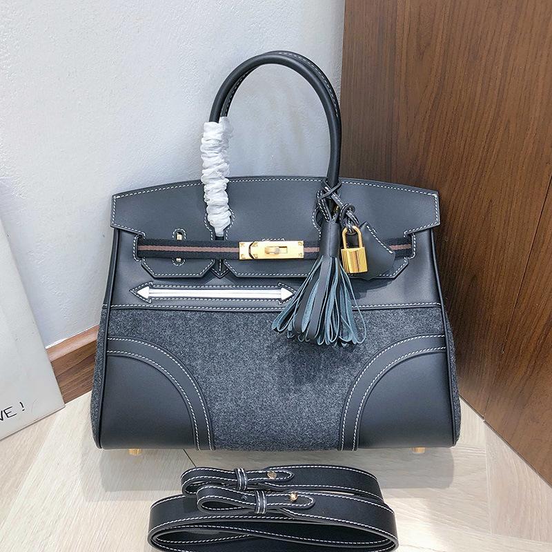 Haute Couture Version First Layer Swift Cowhide Splicing Felt, Contrasting Leather Handheld Women's Bag Shoulder Messenger Bag