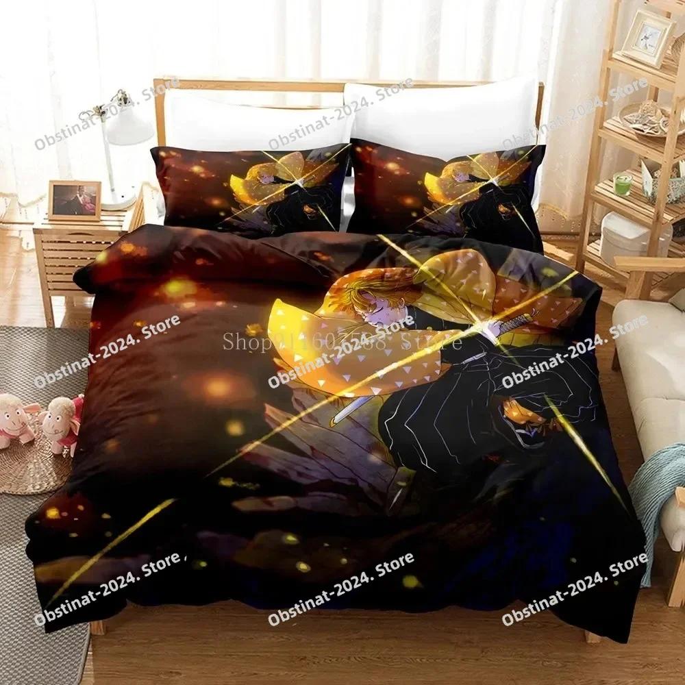 Zenitsu Agatsum Demon Slayer Bedding Sets Japan Anime Printed Bed Set Duvet Cover Pillowcase Linen Sheet Quilt Cover Full Size
