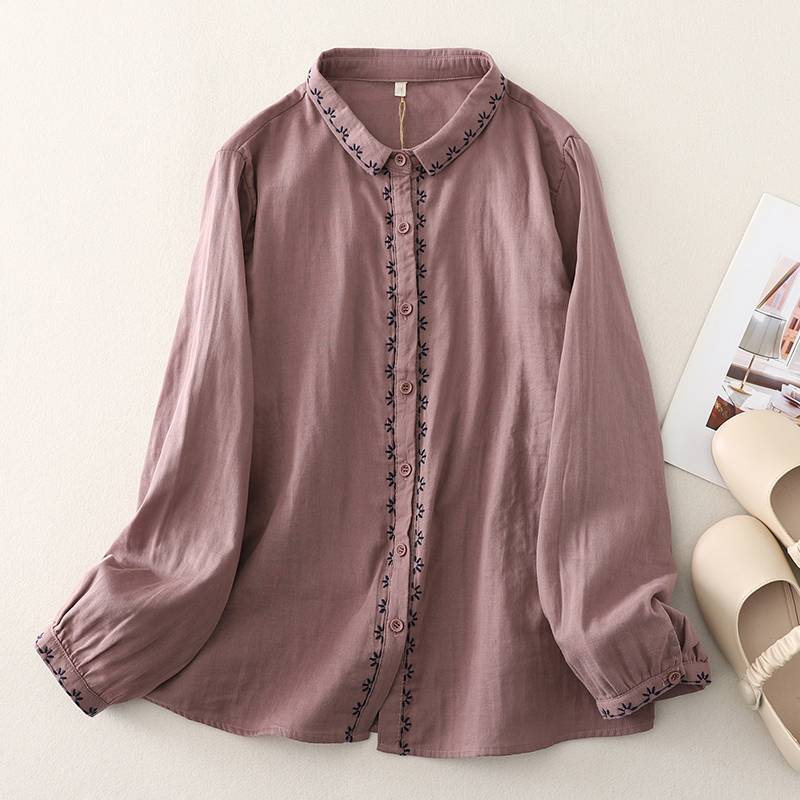 

Johnature Вишивка Vintage Devise Splicing Однотонна сорочка Жіноча весна з довгими рукавами Вільна сорочка XXL світло-фіолетового кольору