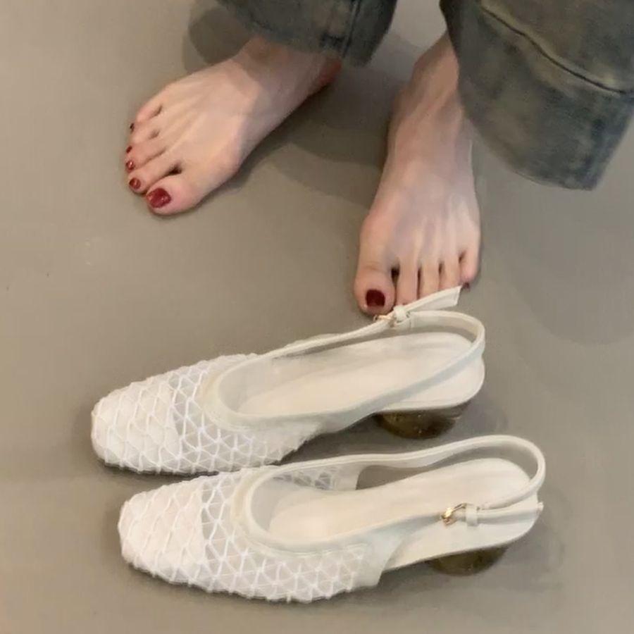 2025 New French Temperament Woven Bag Head Sandals Women's Rear Strap Thick Heel Small Fragrant Square Head Mary Jane Single Shoes