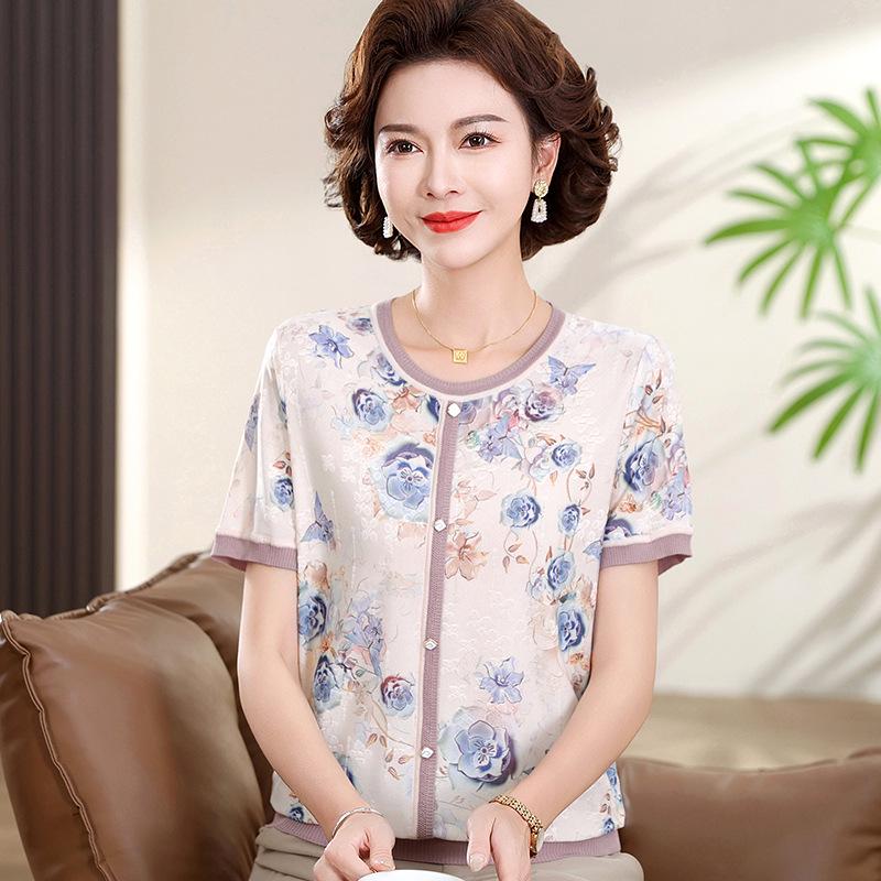 

Elegant Ice Silk Short-Sleeved T-shirt for Elderly Women – Comfortable Summer Top L (80-100 lbs) синий