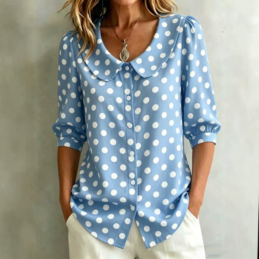 1116 New European and American Retro Polka Dot Lotus Leaf Collar Shirt Women, Loose Seven-point Bubble Sleeve Shirt Commuting Versatile