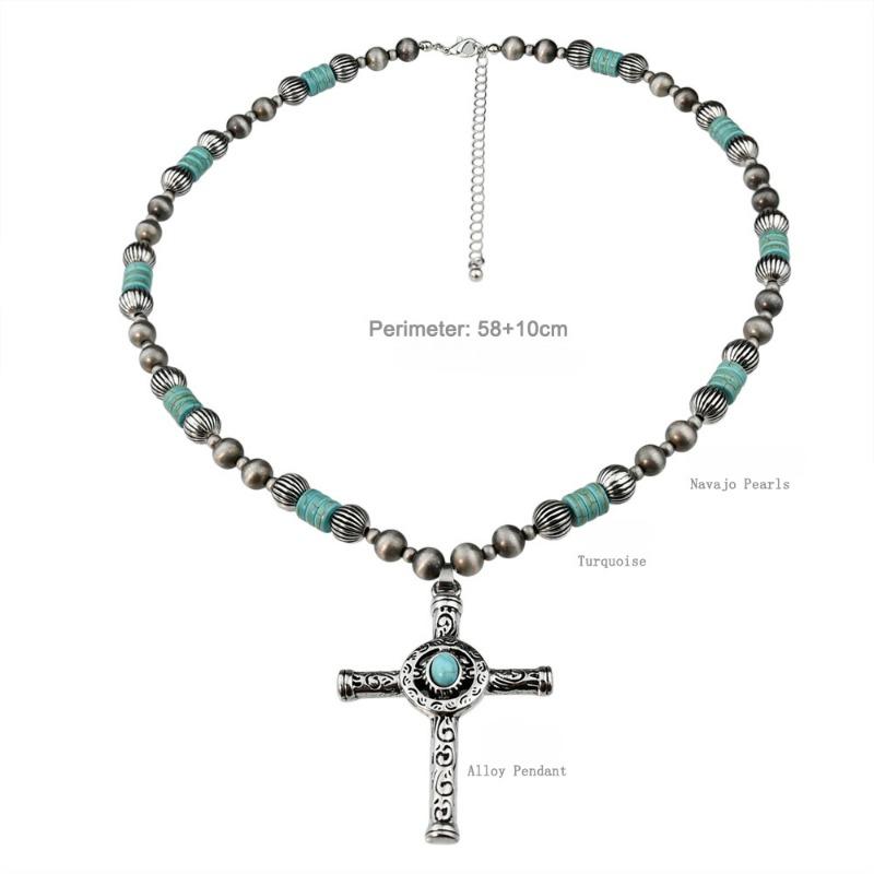 GemChic Women's New Vintage Turquoise Beads Alloy Cross Pendant Necklace Ethnic Chain Fashion Birthday Christmas Jewelry Gift