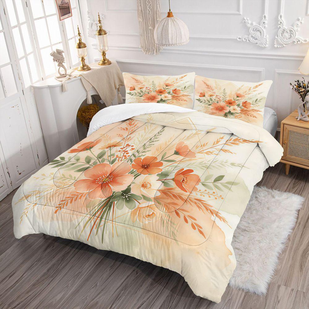Floral Print Comforter Set Quilt Bedding Set With Pillowcase, Soft Fabric For Women Farmhouse Bedroom Apartment Decor