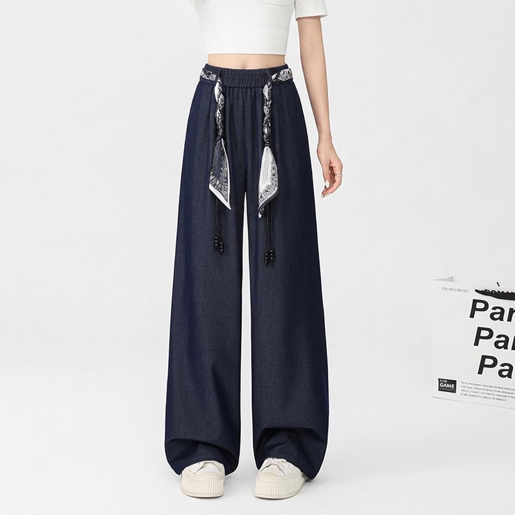 

Plus Size High Waist Ribbon Denim Wide Leg Pants - New Spring Arrival for Women L (40-52.5 kg)