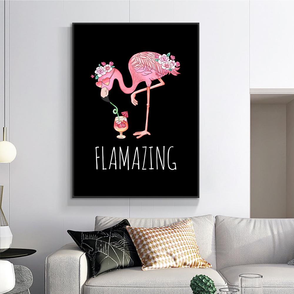 Flamazing Flower Flamingo Juice Painting Canvas Print Wall Art Cute Funny Pink Animal Poster for Living Room Home Decor Cuadros