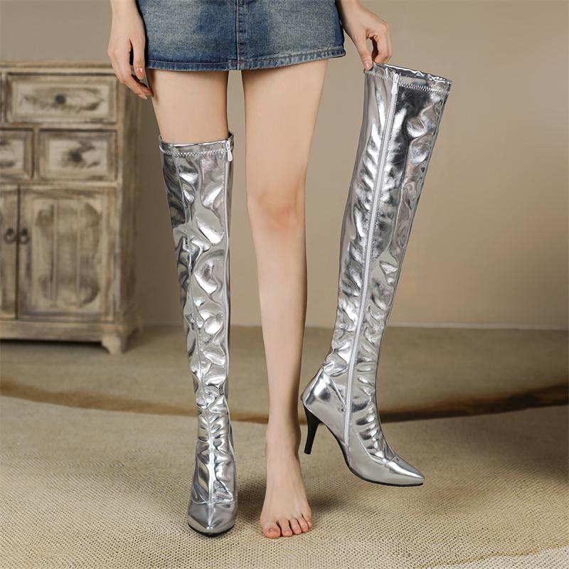 Sexy Silver Gold Metallic PU Over the Knee Boots Women High Spike Heel Club Show Party Lady Winter Plush Zipper Thigh High Boots