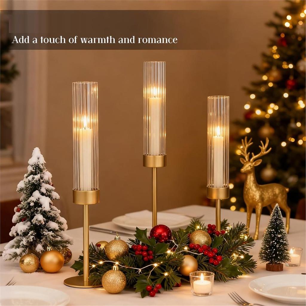 Gold Candle Holders Set of 3, Brass Taper Candle Holders for Candlesticks, Decor for Table Centerpiece, Wedding