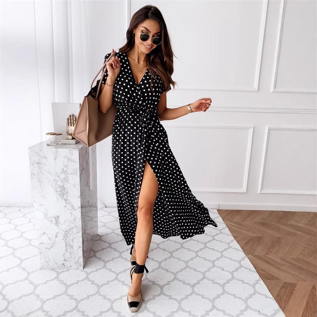 Summer Short Sleeve V-Neck Dress, Bohemian Polka Dot Dress Long Dress Spot