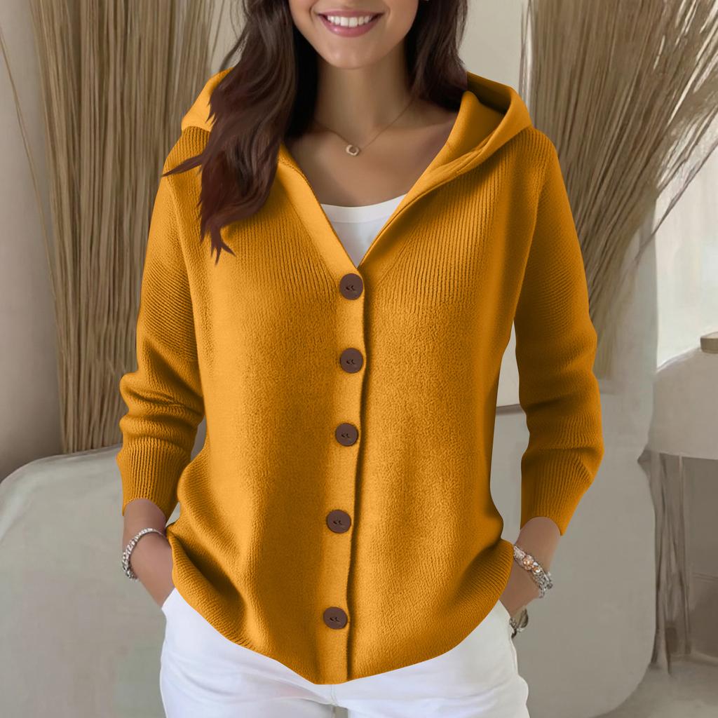 Ladies' Casual Stand Up Collar Knitted Sweater, Solid Color Button Casual Loose Sweater