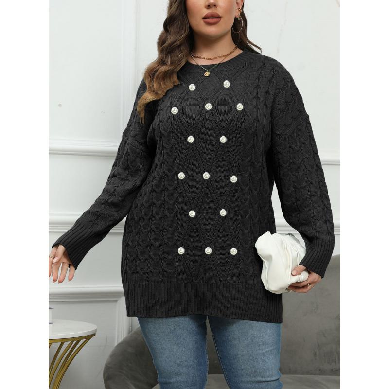 Women's Pullover Top Plus Size Women's Round Neck Knitted Beaded Sweater Autumn Winter New Base Shirt