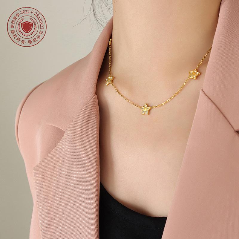 Pentagram Inkrustowany Cyrkoniami Niszowy Słodki Naszyjnik Bransoletka Stal Tytanowa Platerowana 18K Złotem Zestaw Biżuterii