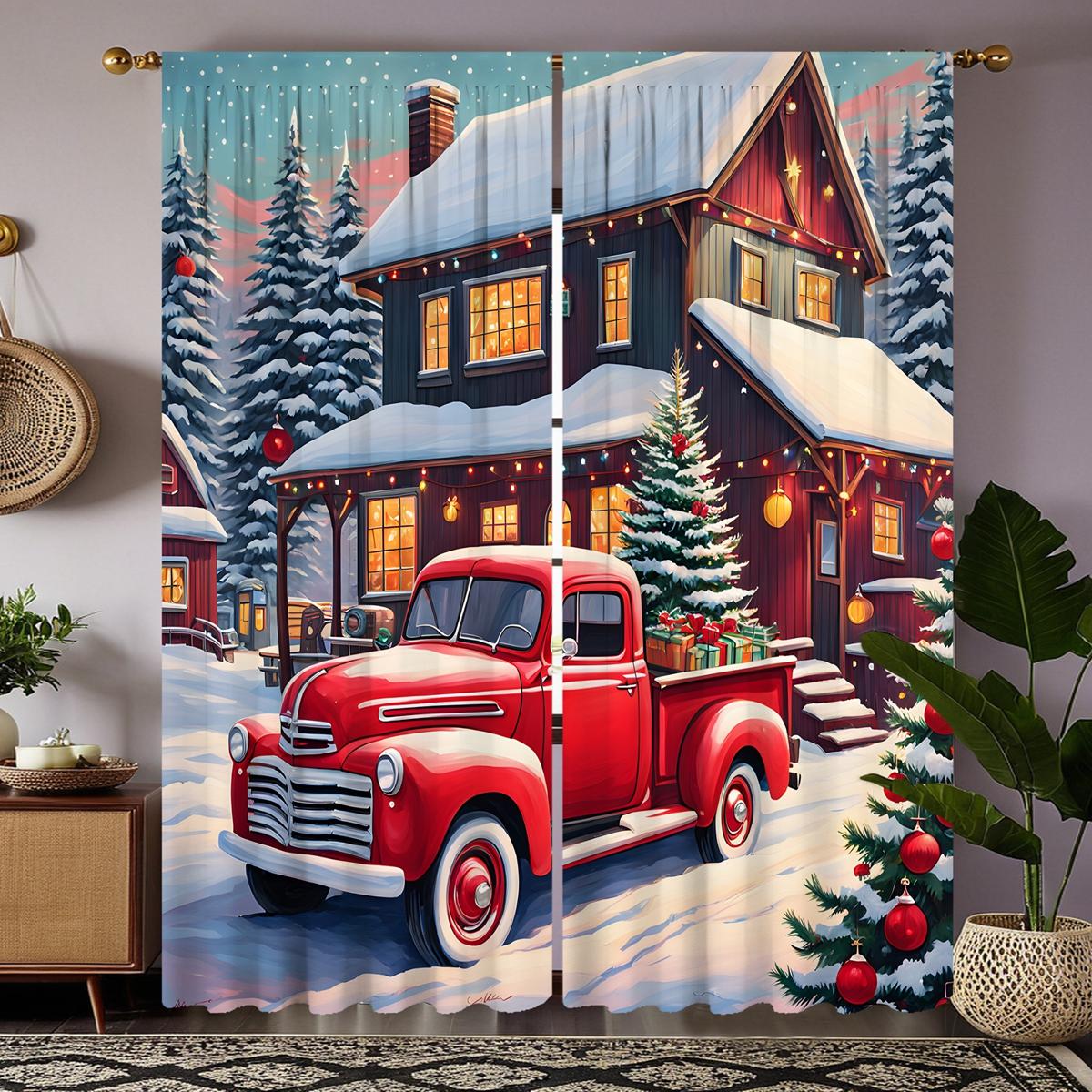 

2 шт. HD после снега Рождество загородный дом грузовик рождественская елка украшения занавеска Красный галстук цифровая печать занавеска домашний декор W52H63inchW132H160cm