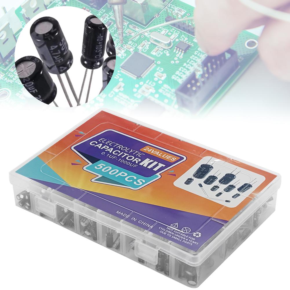 500Pcs 24 Values 16-50V 0.1-1000uF Electrolytic Capacitor Assortment Kit Metal Electrolytic Capacitors Low Voltage Capacitor Kit