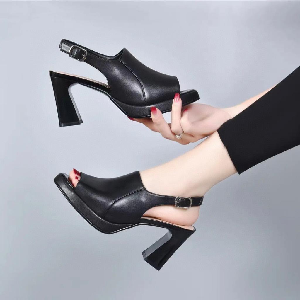 High-heeled sandals women's shoes 2025 summer new European and American style fish mouth waterproof table thick-heeled women's sandals cowhide fashio