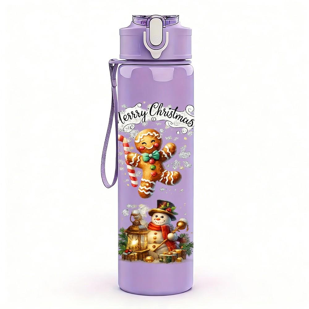 1PC Christmas Bear Gift Cartoon Print 750ml Color Plastic Sports Water Bottle Leakproof Flip Straw Lid Suitable for Sports Office Home Use