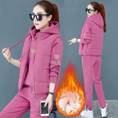 Women 3 Pcs/Set  Winter Thick Sets Vest Warm Outfit Loose Hooded Tracksuit High Waist Pant Suits Plush Lined Sweatshirts