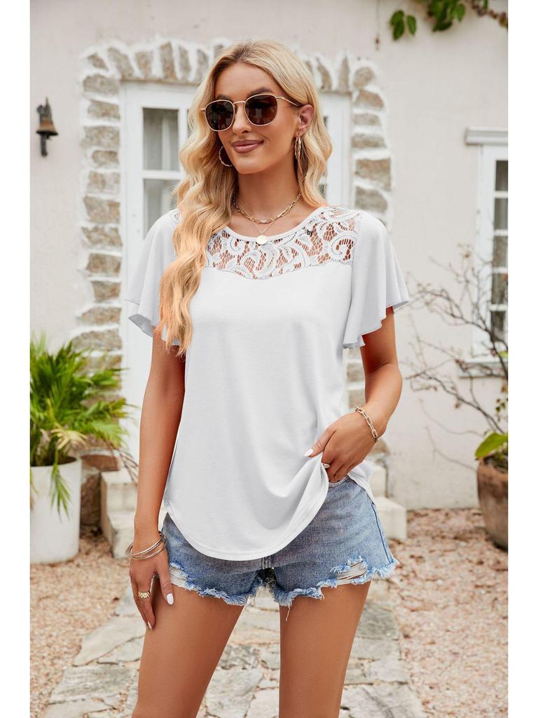 European and American Women's Solid Color Mesh Ruffle Short Sleeve T-shirt