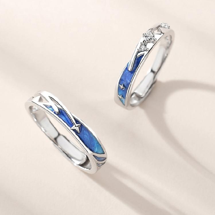 2 Pcs Sea Blue Meteoric Star Couple Rings Wedding Bands Adjustable for Him & Her