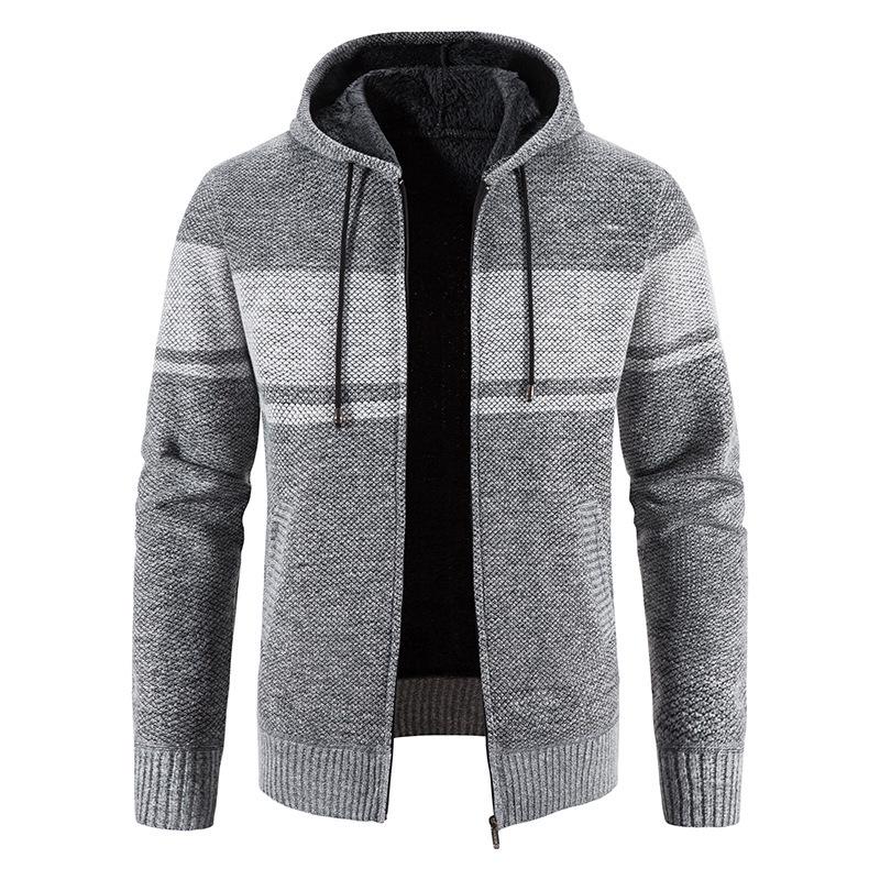 Men's Hooded Cardigan Sweater - Plus Velvet, Thick, Versatile, Knitwear Color Block Jacket for Autumn/Winter