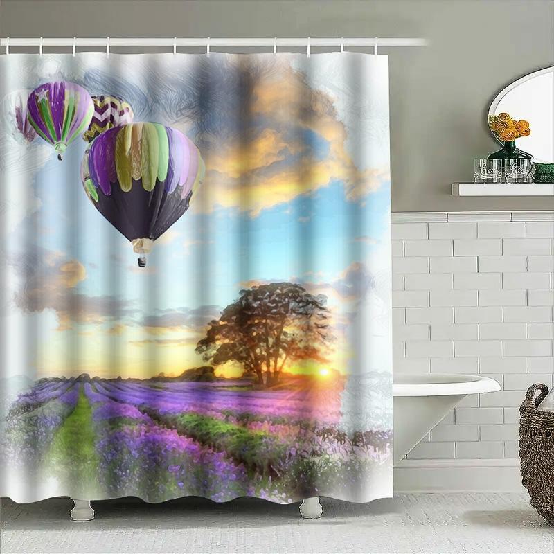 Vibrant Hot Air Balloons Lavender Fields Shower Curtain Waterproof Bathroom Decorations For Home Decoration Art Wall Hanging