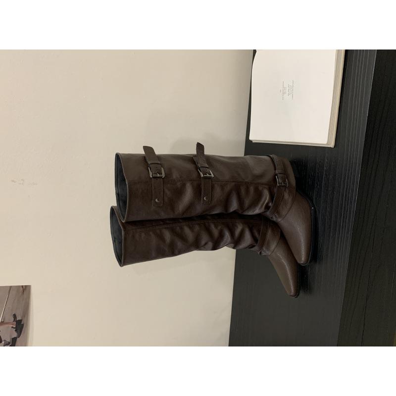2025 Autumn and Winter New Fashion Versatile Small Square Head Belt Buckle Thick Heel Warehouse Tube Boots Cloth Knee High Boots