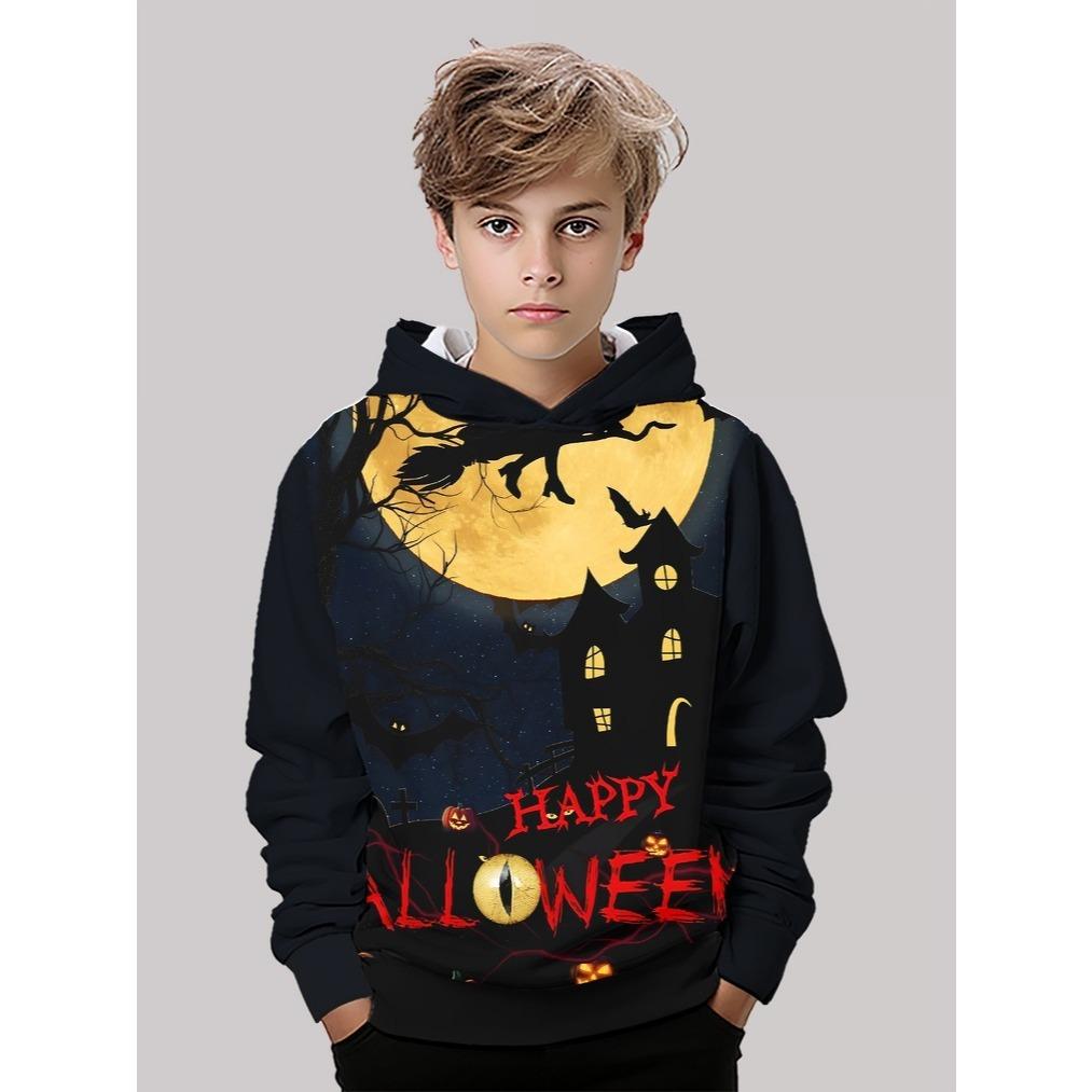 Boy Halloween Hoodie - Ghost Castle, Bat and Full Moon Pattern - "Happy Halloween" Text Halloween Gift