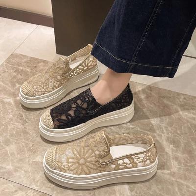 2025 Summer New Breathable Flats Mesh Lace Casual Women's Shoes Fashion Thick Bottom Height Increase Laofers Slip On Single Shoe