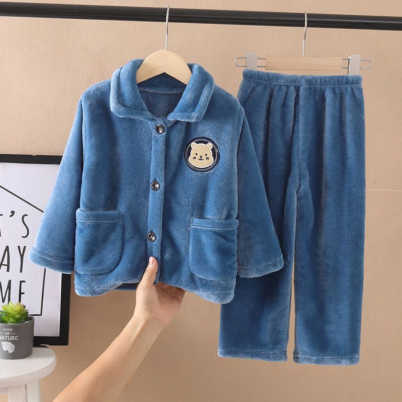 Børneansigtsklud Pyjamas Efterår og Vinter Drenge Drenge Fortykkede Langærmede Koralfleece Baby Piger Hjemmetøj Sæt