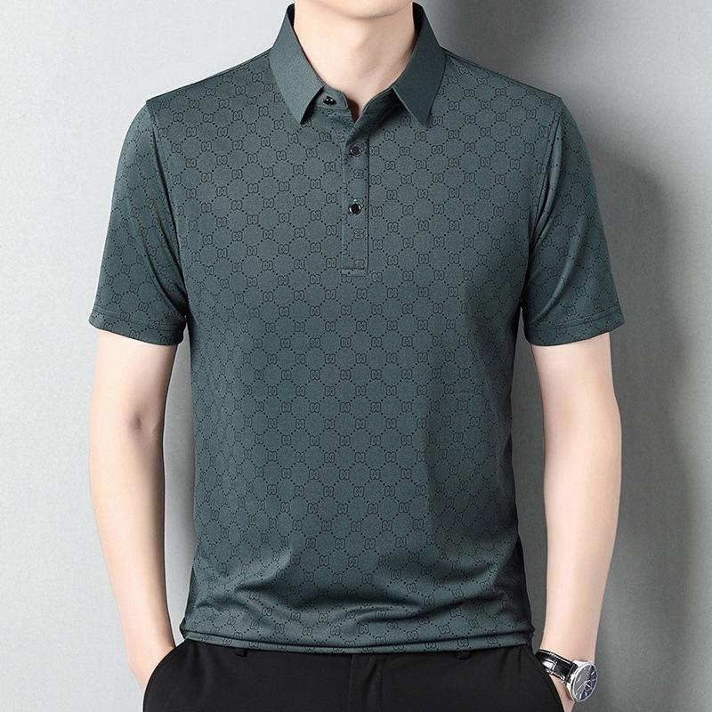 Summer Thin Ice Silk Men Polo Shirt Middle Age Loose Collar Solid Color Casual Short Sleeve T Shirt