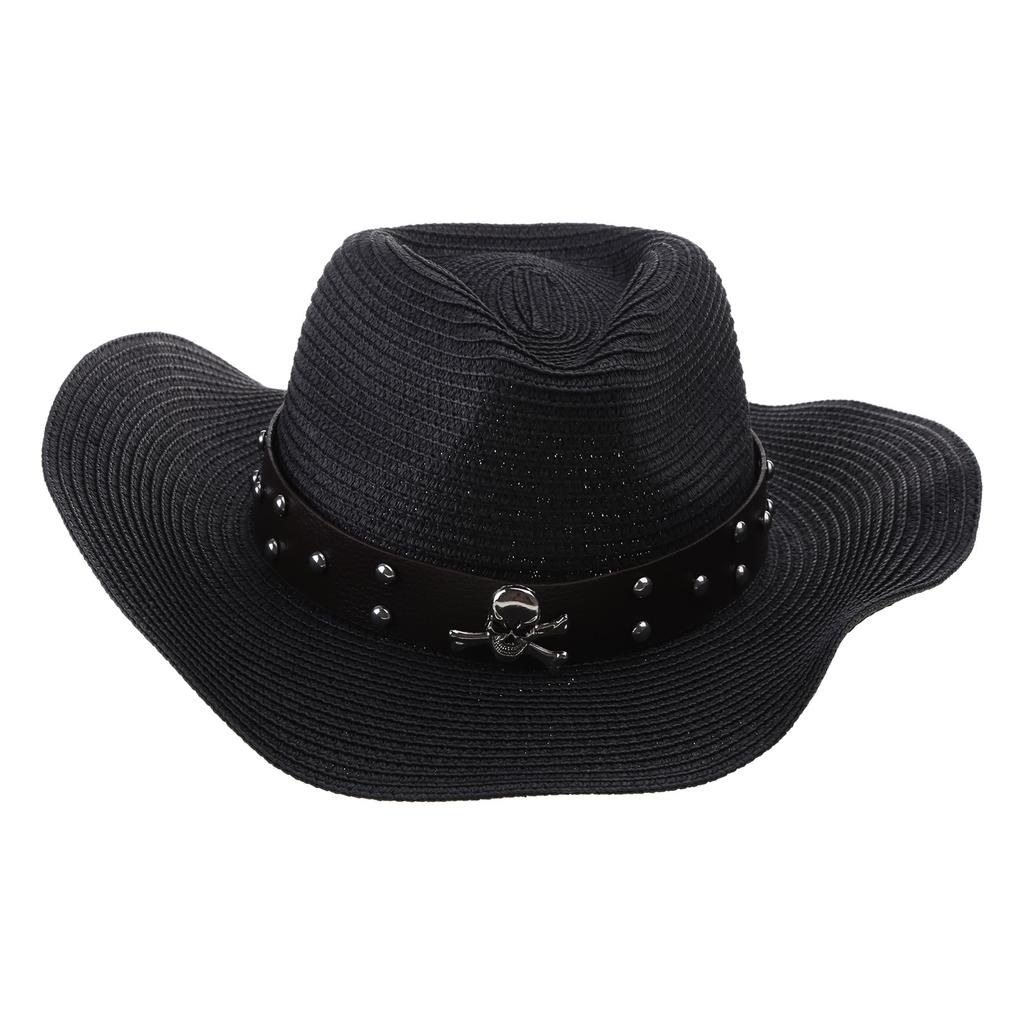 Metal Skull Decors Women Men Straw Weaving Hat for Spring Summer Elegant Lady Man Church Cosplay Hat Adjustable